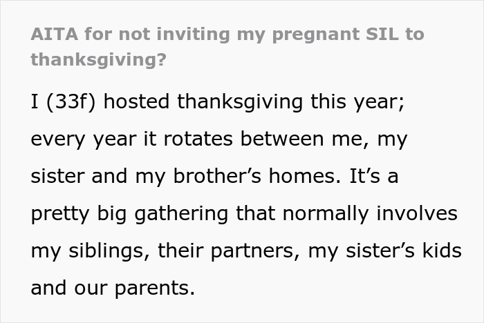 Pregnant sister-in-law not invited to Thanksgiving after sending list of demands