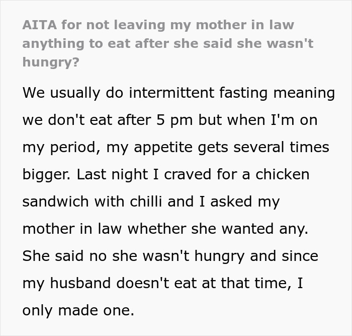 Woman Says She Isn’t Hungry, Causes A Scene When Daughter-In-Law “Gobbles” The Food Up
