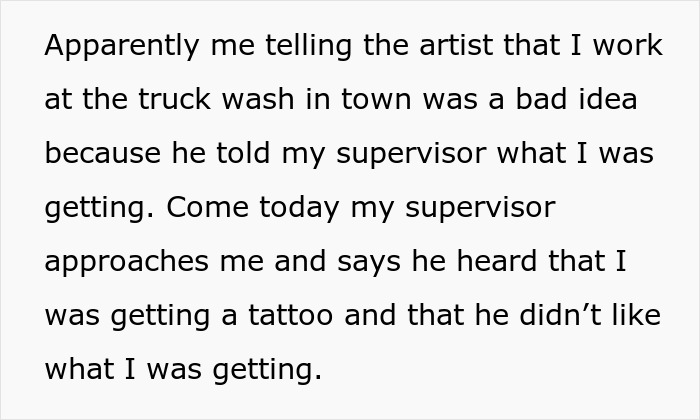 Text discussing an employee's new tattoo idea and the Christian boss's disapproval at a truck wash workplace. Text discussing an employee's new tattoo idea and the Christian boss's disapproval at a truck wash workplace.