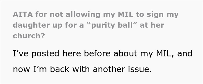 Woman Prohibits MIL From Taking Her 9 Y.O. Daughter To Church “Purity Ball,” Gets Called A Jerk Woman Prohibits MIL From Taking Her 9 Y.O. Daughter To Church “Purity Ball,” Gets Called A Jerk