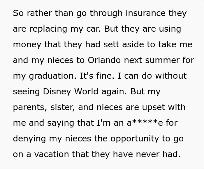 “Am I A Jerk For Making My Parents Choose Between My Sister Going To Jail Or Replacing My Car With Their Vacation Money” “Am I A Jerk For Making My Parents Choose Between My Sister Going To Jail Or Replacing My Car With Their Vacation Money”