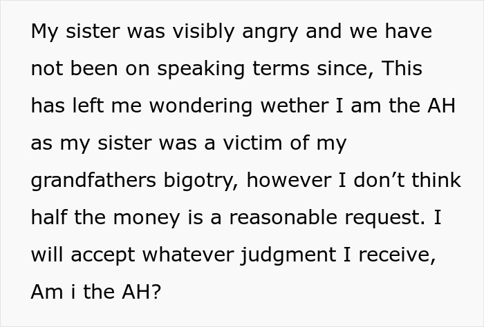 Sister Cut Ties With Grandad For His Anti-LGBTQ+ Views, Later Demanded Her Brother Share Half Of His Inheritance Sister Cut Ties With Grandad For His Anti-LGBTQ+ Views, Later Demanded Her Brother Share Half Of His Inheritance