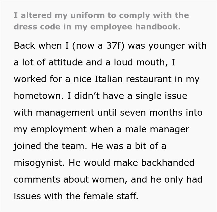 Restaurant Employee Alters Uniform To Comply With The Dress Code And Teach Her Misogynistic Manager A Lesson Restaurant Employee Alters Uniform To Comply With The Dress Code And Teach Her Misogynistic Manager A Lesson