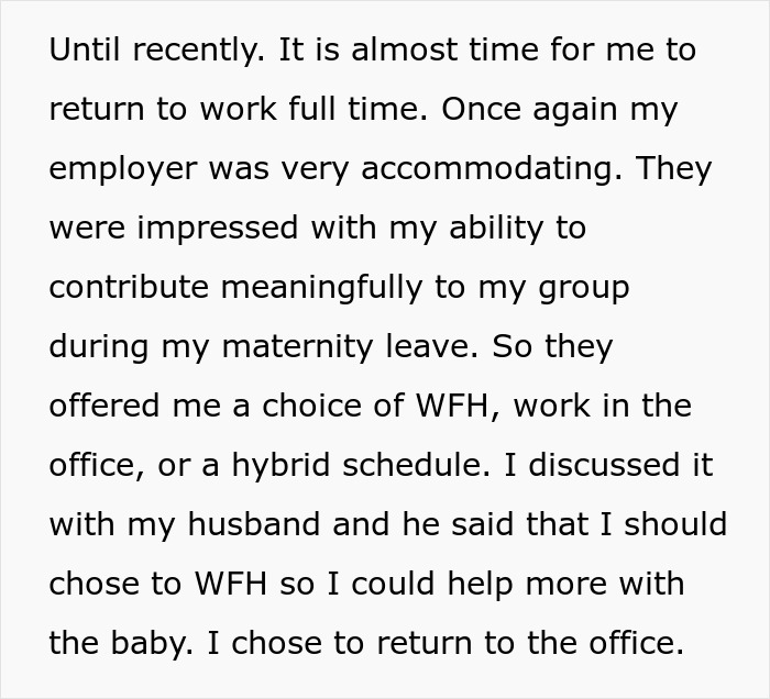 Family drama continues after new mom decides to work from office, leaves unemployed husband to care for baby