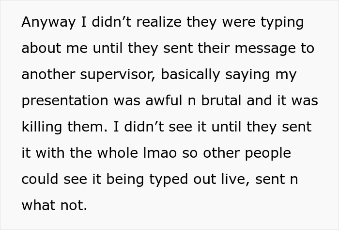 Woman Sees Supervisor Write Mean Things About Her Presentation On A Call, Calls Them Out Woman Sees Supervisor Write Mean Things About Her Presentation On A Call, Calls Them Out
