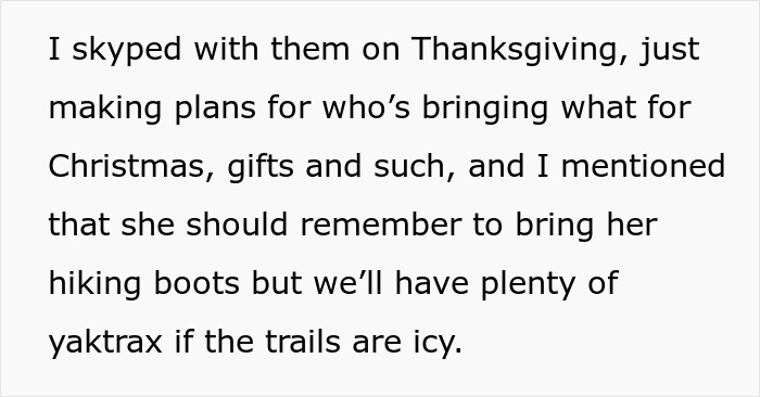 Mom Refuses To Cancel Family Christmas Hike For Son’s “Out Of Shape” Girlfriend Mom Refuses To Cancel Family Christmas Hike For Son’s “Out Of Shape” Girlfriend