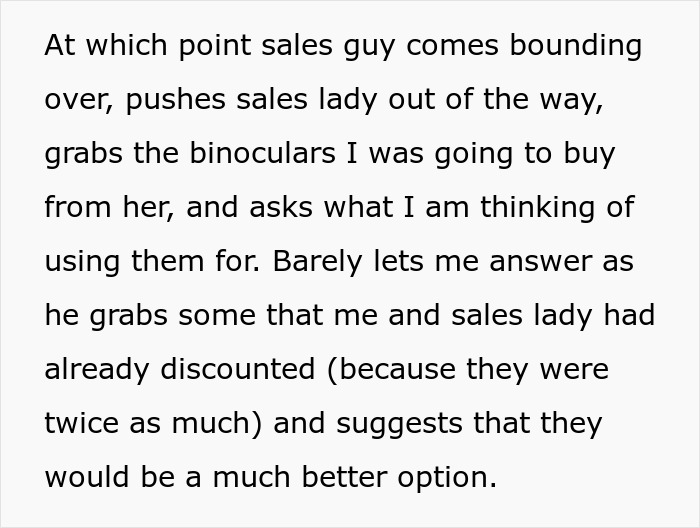 Sales Guy Tries To Upsell Binoculars With Insurance, Says The Client Shouldn’t Buy Them Without It, Client Maliciously Complies