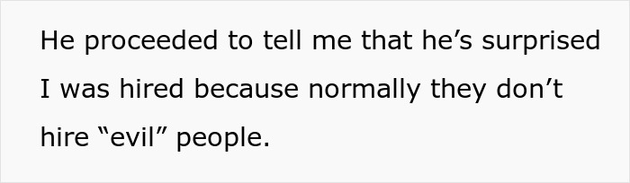 Text screenshot with phrase about hiring "evil" people, highlighting workplace tension over tattoo ideas. Text screenshot with phrase about hiring "evil" people, highlighting workplace tension over tattoo ideas.