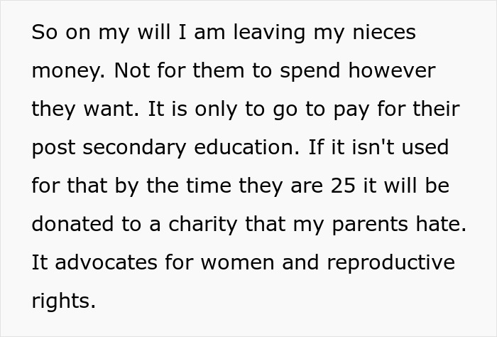 A woman who doesn't give money to her parents who are raising her niece, but leaves her inheritance under certain conditions