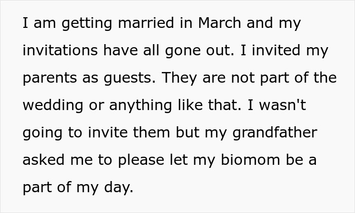 A daughter who didn't want to invite two people, but was told that she had to invite her parents' thru pull partner to the wedding