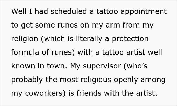 Text describing a scheduled tattoo appointment with runes for protection, involving a religious supervisor's friend, the artist. Text describing a scheduled tattoo appointment with runes for protection, involving a religious supervisor's friend, the artist.