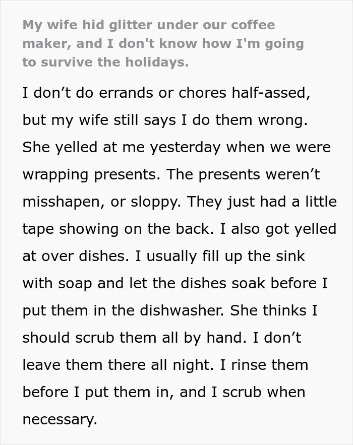 Wife sets glitter trap for husband to test housework and he pours his heart out online: "don't know how to get through the holidays"