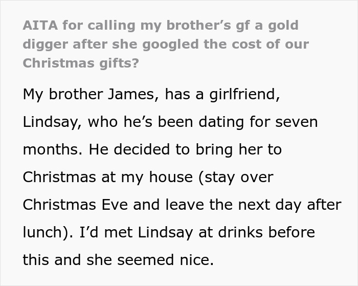 "the whole table went silent": Someone Called Brother's Girlfriend a Gold Digger After Googling Christmas Gift Prices
