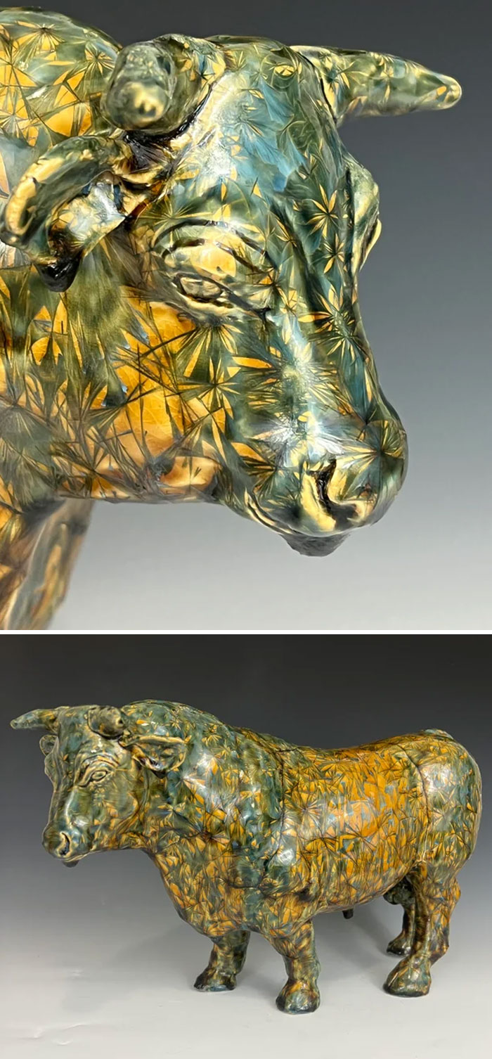 I Made A Bull Sculpture And Glazed It With A Crystalline Glaze. It Dunted But It Doesn't Bother Me Too Much. What Do You All Think?
