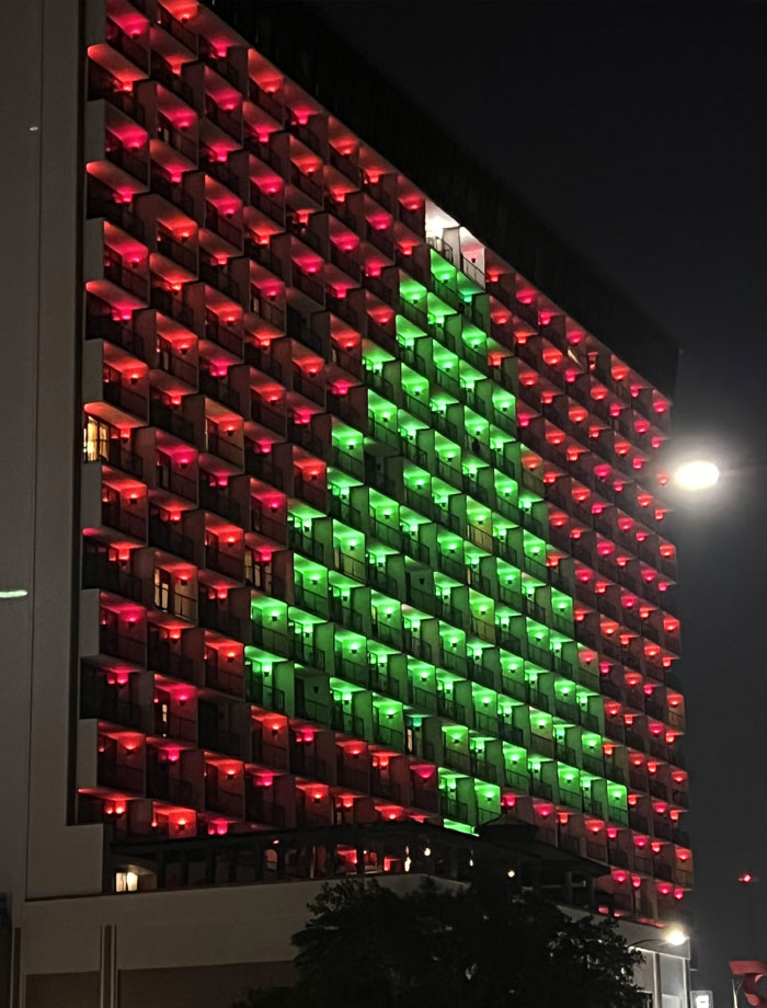 This Building Lit Up To Look Like A Christmas Tree