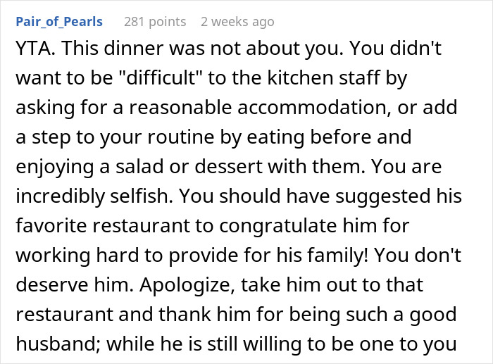Wife Doesn't Attend Her Husband's Promotion Dinner All Because Of Her Picky Eating, The Internet Gives Her A Wake-Up Call Wife Doesn't Attend Her Husband's Promotion Dinner All Because Of Her Picky Eating, The Internet Gives Her A Wake-Up Call