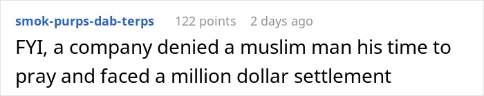 Comment on a company facing a settlement for denying a Muslim man's prayer time. Comment on a company facing a settlement for denying a Muslim man's prayer time.