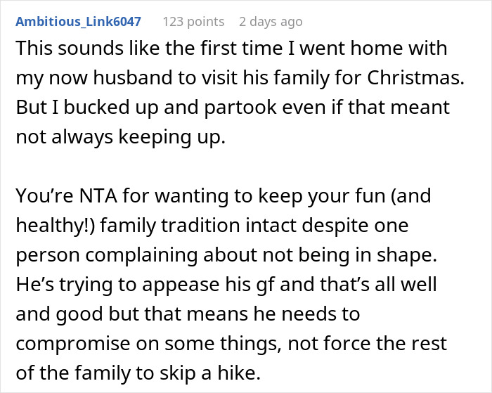 Mom Refuses To Cancel Family Christmas Hike For Son’s “Out Of Shape” Girlfriend Mom Refuses To Cancel Family Christmas Hike For Son’s “Out Of Shape” Girlfriend