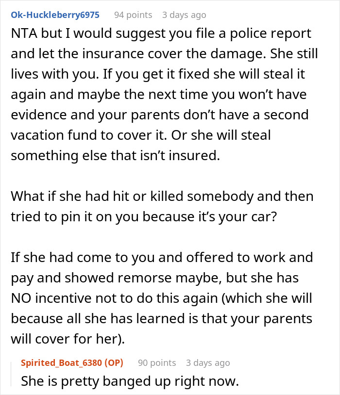“Am I A Jerk For Making My Parents Choose Between My Sister Going To Jail Or Replacing My Car With Their Vacation Money” “Am I A Jerk For Making My Parents Choose Between My Sister Going To Jail Or Replacing My Car With Their Vacation Money”