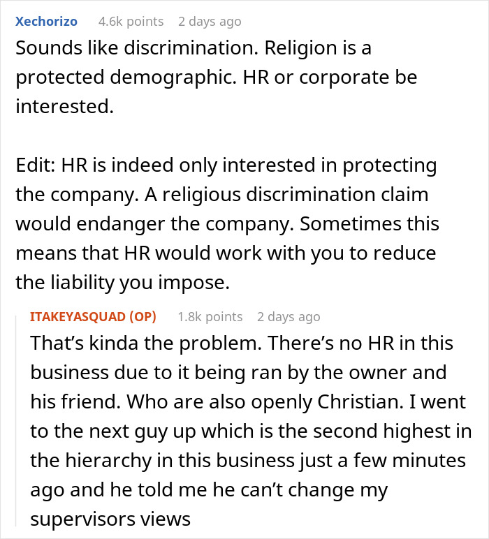 Reddit comments discussing religious discrimination at work related to a Christian boss's reaction to tattoos. Reddit comments discussing religious discrimination at work related to a Christian boss's reaction to tattoos.