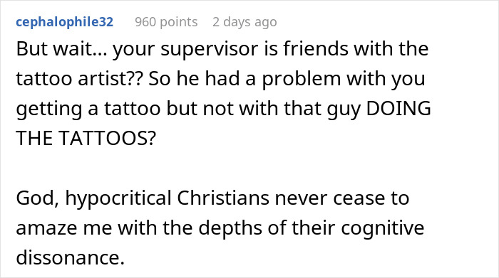 Text comment highlighting hypocrisy of a Christian boss over an employee’s tattoo. Text comment highlighting hypocrisy of a Christian boss over an employee’s tattoo.