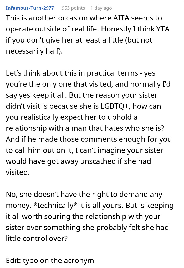 Sister Cut Ties With Grandad For His Anti-LGBTQ+ Views, Later Demanded Her Brother Share Half Of His Inheritance