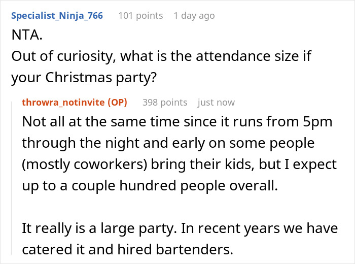 "AITA For Not Inviting Them To My Christmas Party After They Didn’t Invite Me To Their Wedding?" "AITA For Not Inviting Them To My Christmas Party After They Didn’t Invite Me To Their Wedding?"