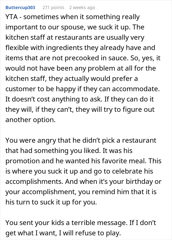 Wife Doesn't Attend Her Husband's Promotion Dinner All Because Of Her Picky Eating, The Internet Gives Her A Wake-Up Call Wife Doesn't Attend Her Husband's Promotion Dinner All Because Of Her Picky Eating, The Internet Gives Her A Wake-Up Call