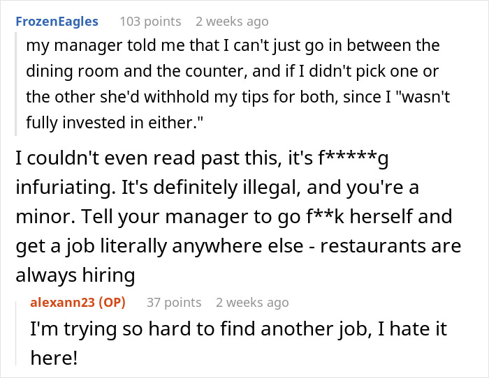 Manager Tells Waitress To Leave The New Girl Alone Or She'll Lose Her Tips While She Just Sits On Their Phones, Regrets It When Things Get Out Of Hand Manager Tells Waitress To Leave The New Girl Alone Or She'll Lose Her Tips While She Just Sits On Their Phones, Regrets It When Things Get Out Of Hand