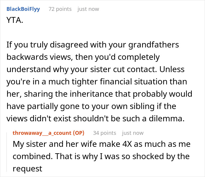 Sister Cut Ties With Grandad For His Anti-LGBTQ+ Views, Later Demanded Her Brother Share Half Of His Inheritance Sister Cut Ties With Grandad For His Anti-LGBTQ+ Views, Later Demanded Her Brother Share Half Of His Inheritance