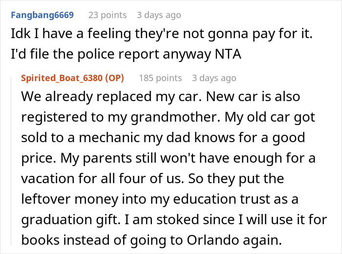 “Am I A Jerk For Making My Parents Choose Between My Sister Going To Jail Or Replacing My Car With Their Vacation Money”