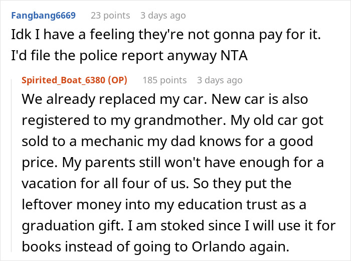“Am I A Jerk For Making My Parents Choose Between My Sister Going To Jail Or Replacing My Car With Their Vacation Money” “Am I A Jerk For Making My Parents Choose Between My Sister Going To Jail Or Replacing My Car With Their Vacation Money”