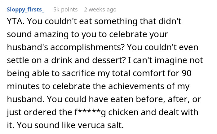 Wife Doesn't Attend Her Husband's Promotion Dinner All Because Of Her Picky Eating, The Internet Gives Her A Wake-Up Call Wife Doesn't Attend Her Husband's Promotion Dinner All Because Of Her Picky Eating, The Internet Gives Her A Wake-Up Call
