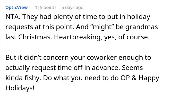 Person Asks If They're A Jerk For Not Giving Up Christmas Vacation So Coworkers With Families Can Have It