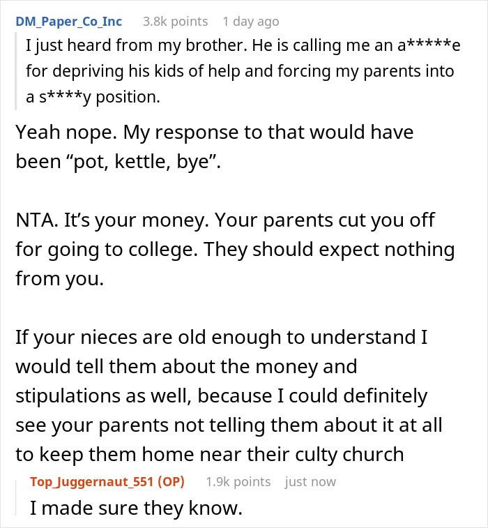 Woman Refuses To Simply Give Money To Her Parents Who Are Raising Her Nieces As They Are Ultra-Religious, But Leaves Them Inheritance With A Condition