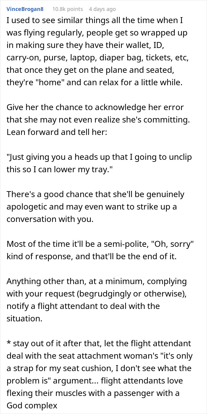 Plane Passenger Annoyed After Learning They Can’t Use Their Tray Table Because A Woman Put A Seat Attachment Over It Plane Passenger Annoyed After Learning They Can’t Use Their Tray Table Because A Woman Put A Seat Attachment Over It