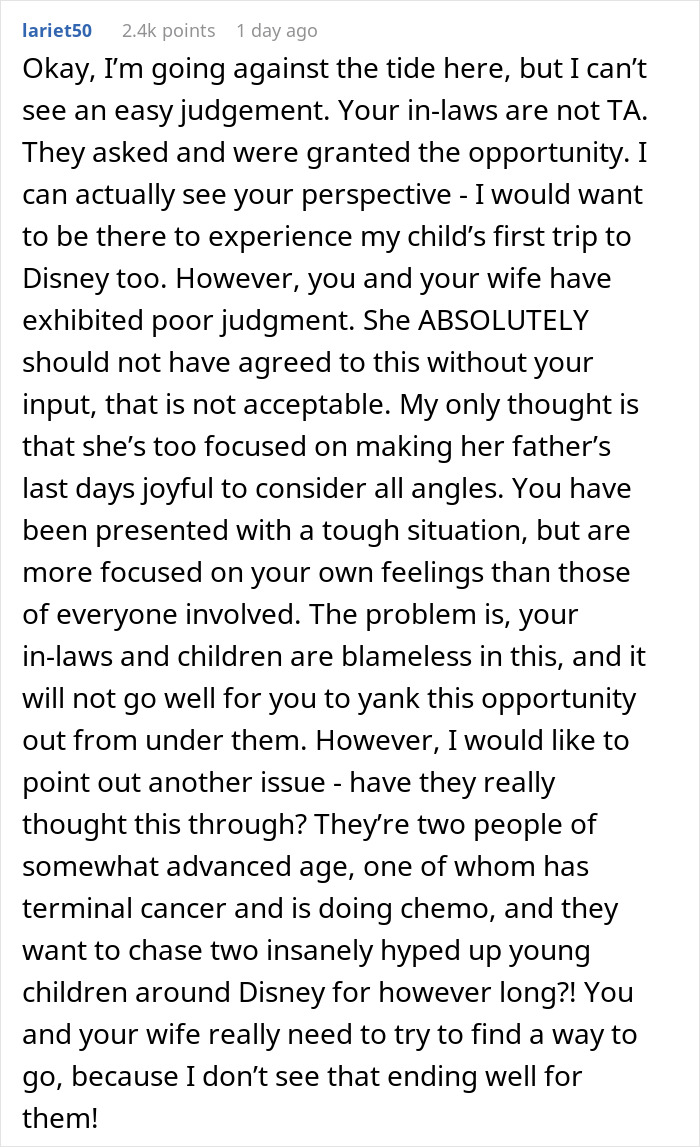 Man Wonders If It's Truly 'Selfish' And 'Heartless' To Ask His Wife To Cancel Her Terminally Ill Father’s Trip To Disney With Their Daughters