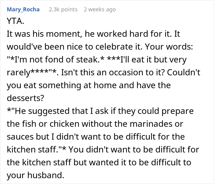 Wife Doesn't Attend Her Husband's Promotion Dinner All Because Of Her Picky Eating, The Internet Gives Her A Wake-Up Call Wife Doesn't Attend Her Husband's Promotion Dinner All Because Of Her Picky Eating, The Internet Gives Her A Wake-Up Call