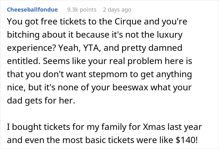 "They Just Threw Me The Scraps": Woman Is Told To 'Grow Up' After Getting Mad At Her Dad Who Bought Better Tickets To A Show For His Wife