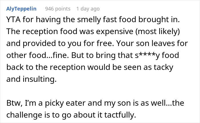 Parent Took Online Wondering Whether They’re Indeed A Jerk For Letting Their 22-Year-Old Bring Fast Food To A Wedding Parent Took Online Wondering Whether They’re Indeed A Jerk For Letting Their 22-Year-Old Bring Fast Food To A Wedding
