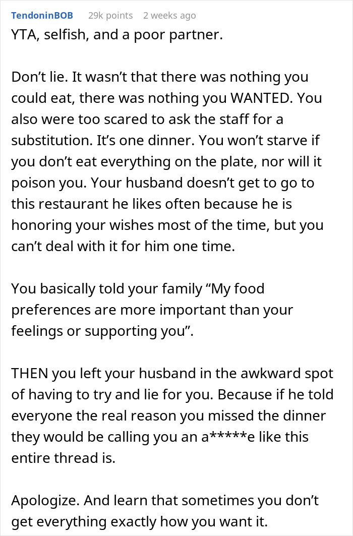 Wife Doesn't Attend Her Husband's Promotion Dinner All Because Of Her Picky Eating, The Internet Gives Her A Wake-Up Call Wife Doesn't Attend Her Husband's Promotion Dinner All Because Of Her Picky Eating, The Internet Gives Her A Wake-Up Call