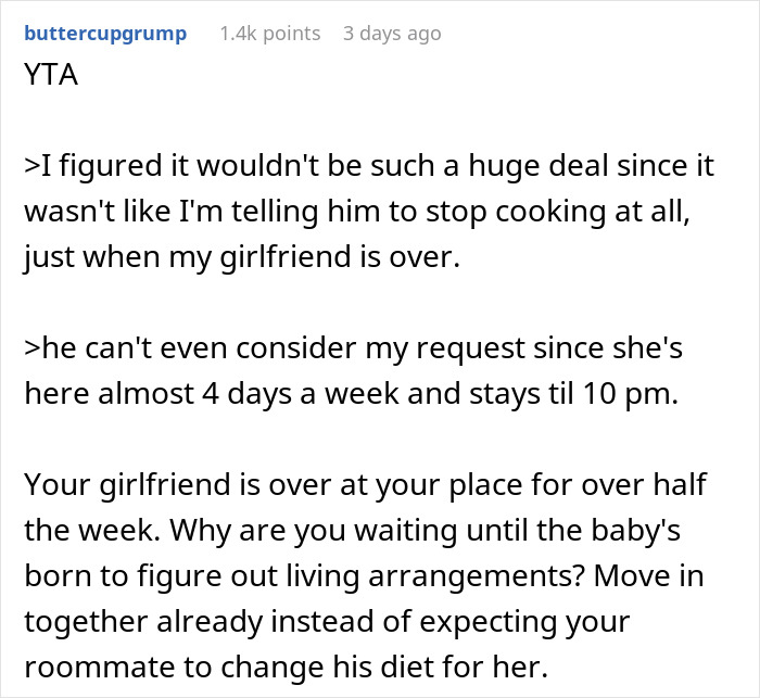 Roommate Upset After This Guy Told Him To Not Cook Certain Meals When His Pregnant Girlfriend Comes Over