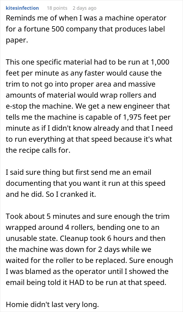 “Sure, You’re The Boss”: Supervisor Insists Worker Increase Machine Speed Above Its Limits, Regrets It Within Minutes “Sure, You’re The Boss”: Supervisor Insists Worker Increase Machine Speed Above Its Limits, Regrets It Within Minutes