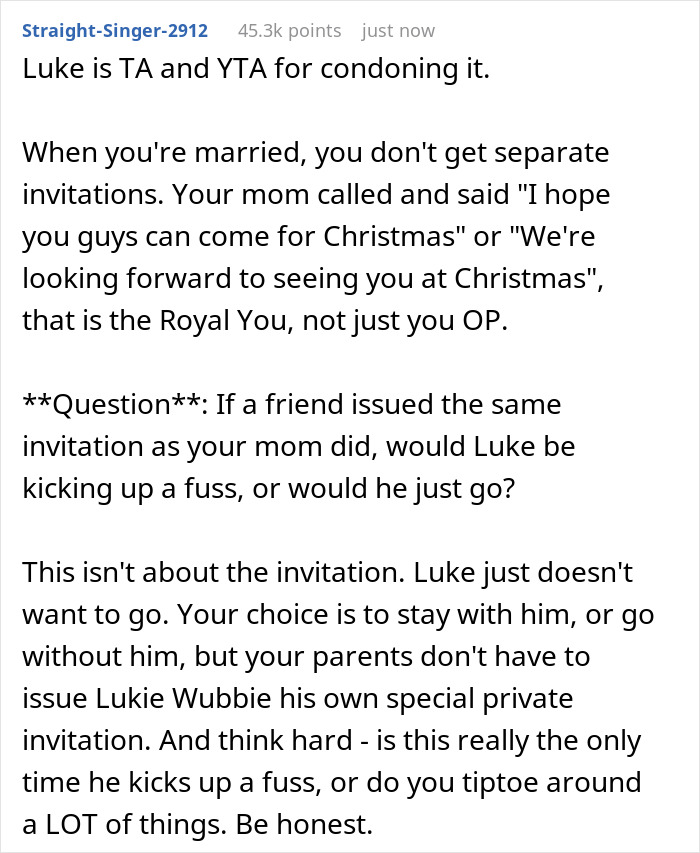 Man Wants A Personal Invitation To Christmas At In-Laws, Gets Himself And His Wife Uninvited And Tries To Put The Blame On Her