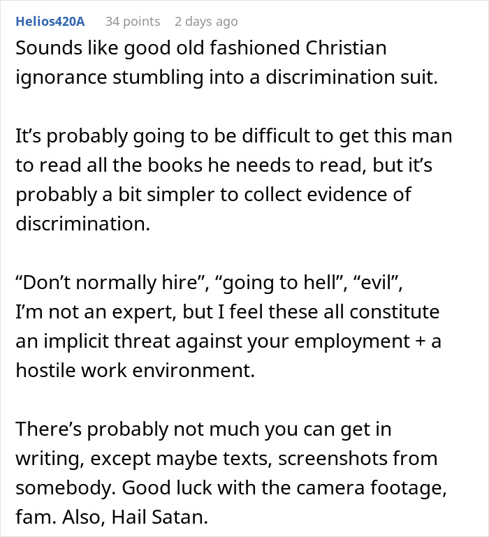 Text comment discussing Christian discrimination and hostile work environment related to employee tattoo ideas. Text comment discussing Christian discrimination and hostile work environment related to employee tattoo ideas.