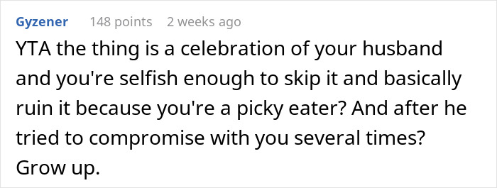 Wife Doesn't Attend Her Husband's Promotion Dinner All Because Of Her Picky Eating, The Internet Gives Her A Wake-Up Call Wife Doesn't Attend Her Husband's Promotion Dinner All Because Of Her Picky Eating, The Internet Gives Her A Wake-Up Call