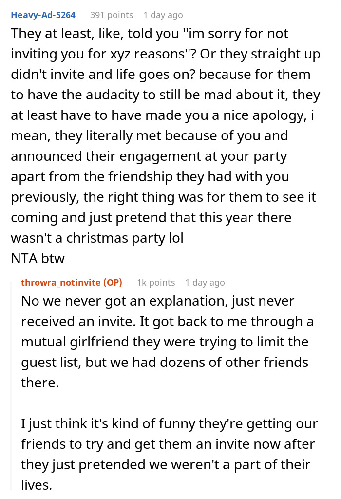 "AITA For Not Inviting Them To My Christmas Party After They Didn’t Invite Me To Their Wedding?" "AITA For Not Inviting Them To My Christmas Party After They Didn’t Invite Me To Their Wedding?"