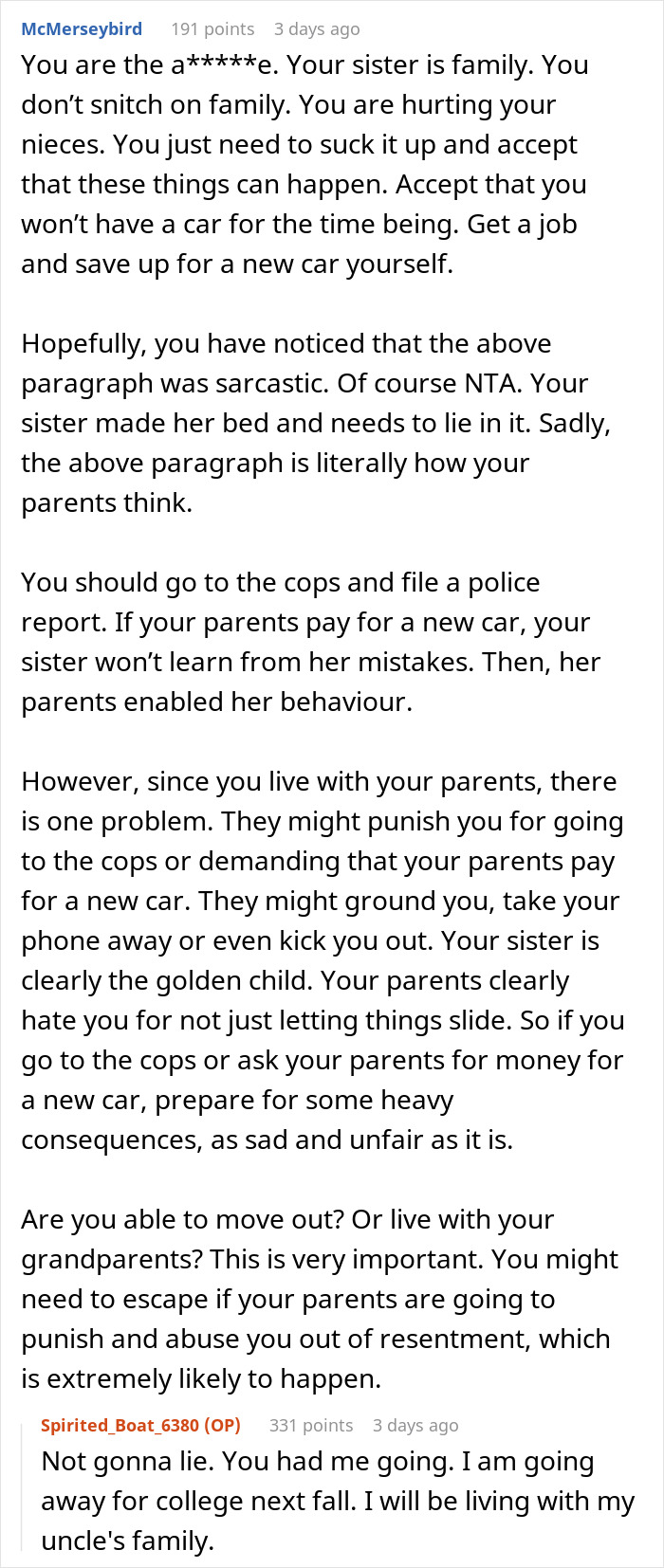 “Am I A Jerk For Making My Parents Choose Between My Sister Going To Jail Or Replacing My Car With Their Vacation Money” “Am I A Jerk For Making My Parents Choose Between My Sister Going To Jail Or Replacing My Car With Their Vacation Money”
