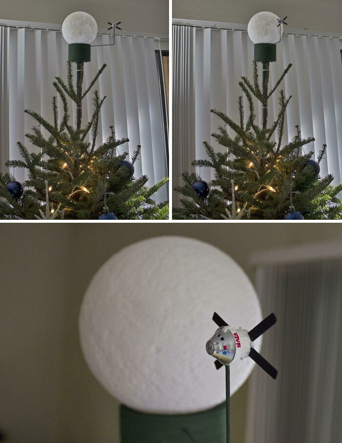 He hecho un adorno para el árbol de Navidad de la nave espacial Orión orbitando la Luna