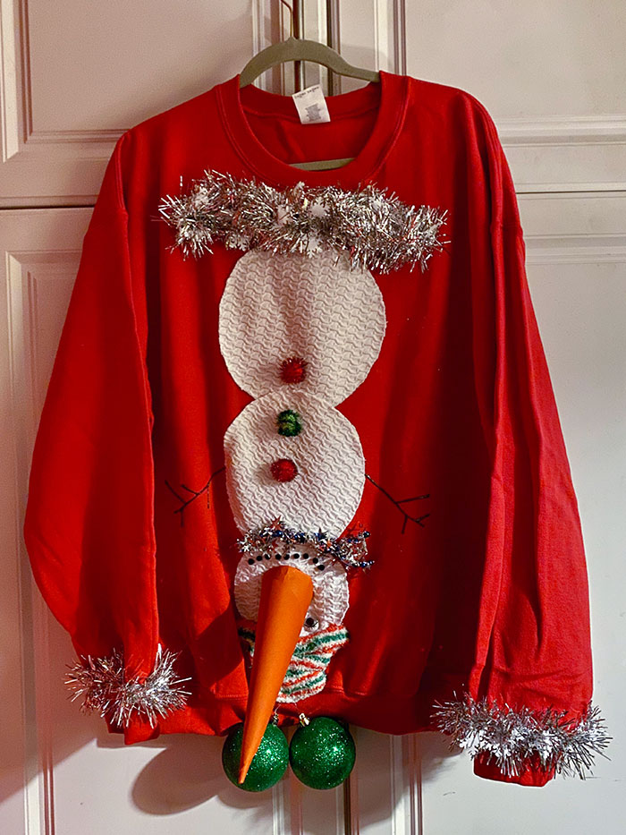 My Bonus Son Needed An “Ugly Christmas Sweater” For A Party Tonight. Fingers Crossed He Likes It (I Can’t Stop Laughing)